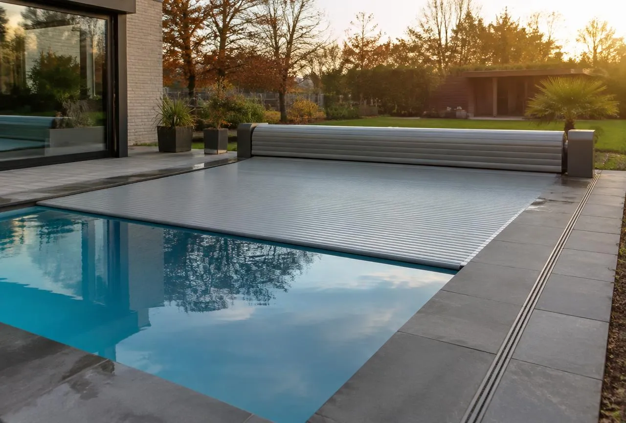 Automatic pool cover closing over a backyard pool – pool cover options in Cincinnati, Northern Kentucky & Hamilton OH