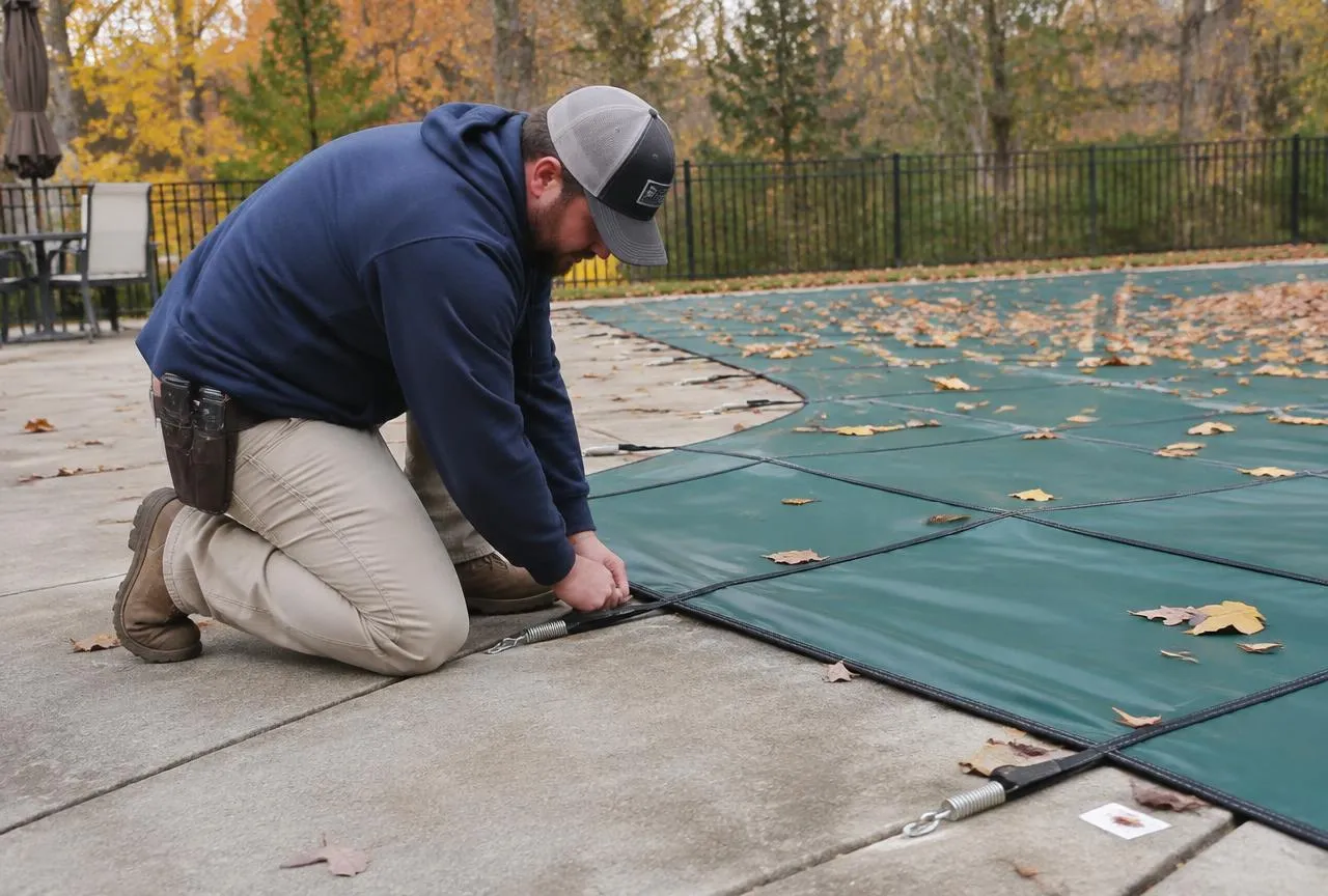 Pool technician installing a solid safety cover in autumn – pool cover installation in Cincinnati, Northern Kentucky & Hamilton OH